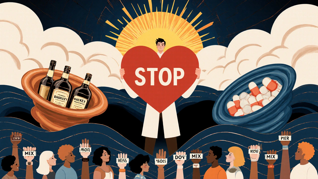 A heroic figure blocks a collision of alcohol and opioid vortexes with a giant red stop sign, symbolizing overdose prevention.