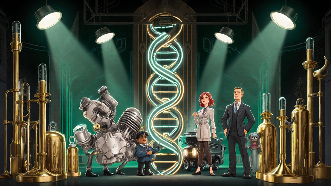 Animated lab with gene characters as machines beside test tubes and neon DNA ribbons.