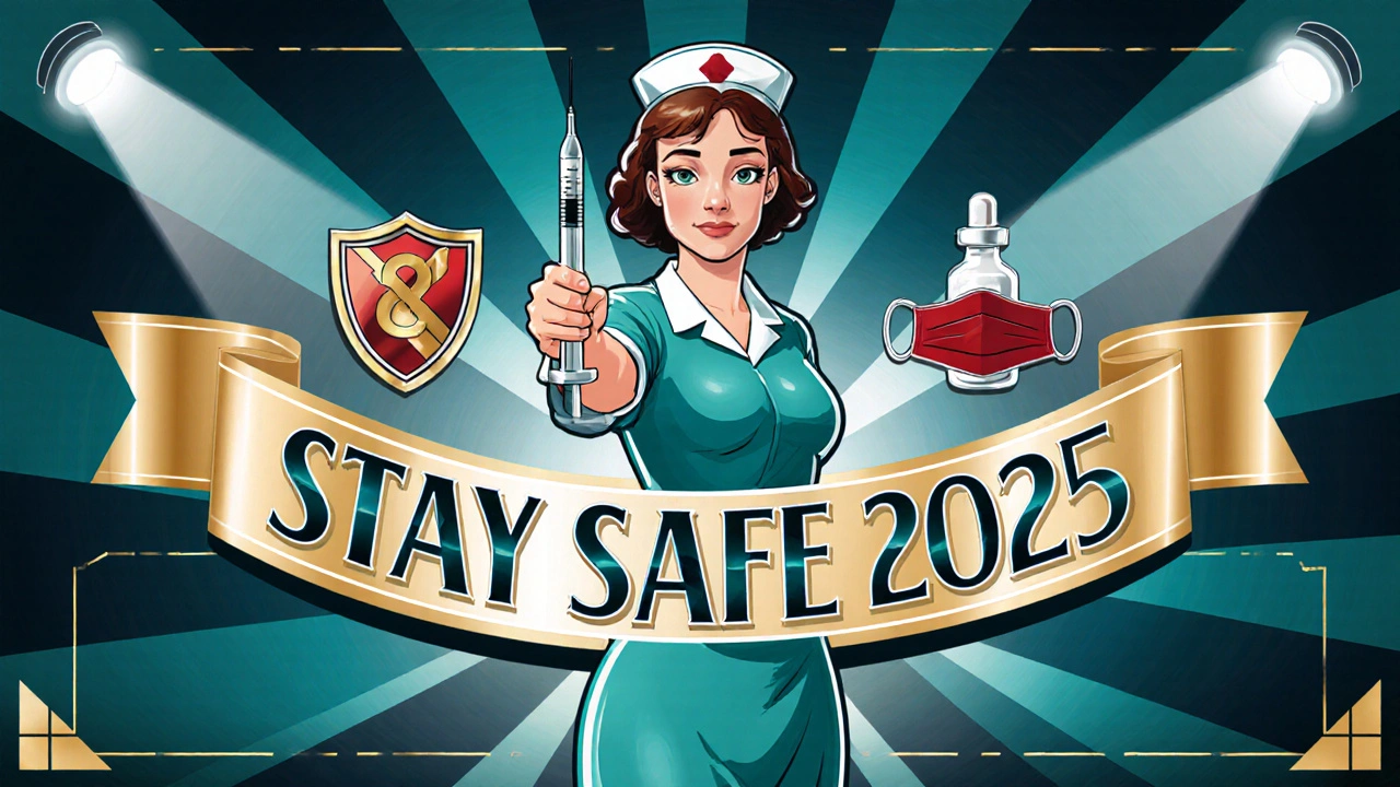 Art Deco billboard showing a nurse offering a flu vaccine with protective icons.