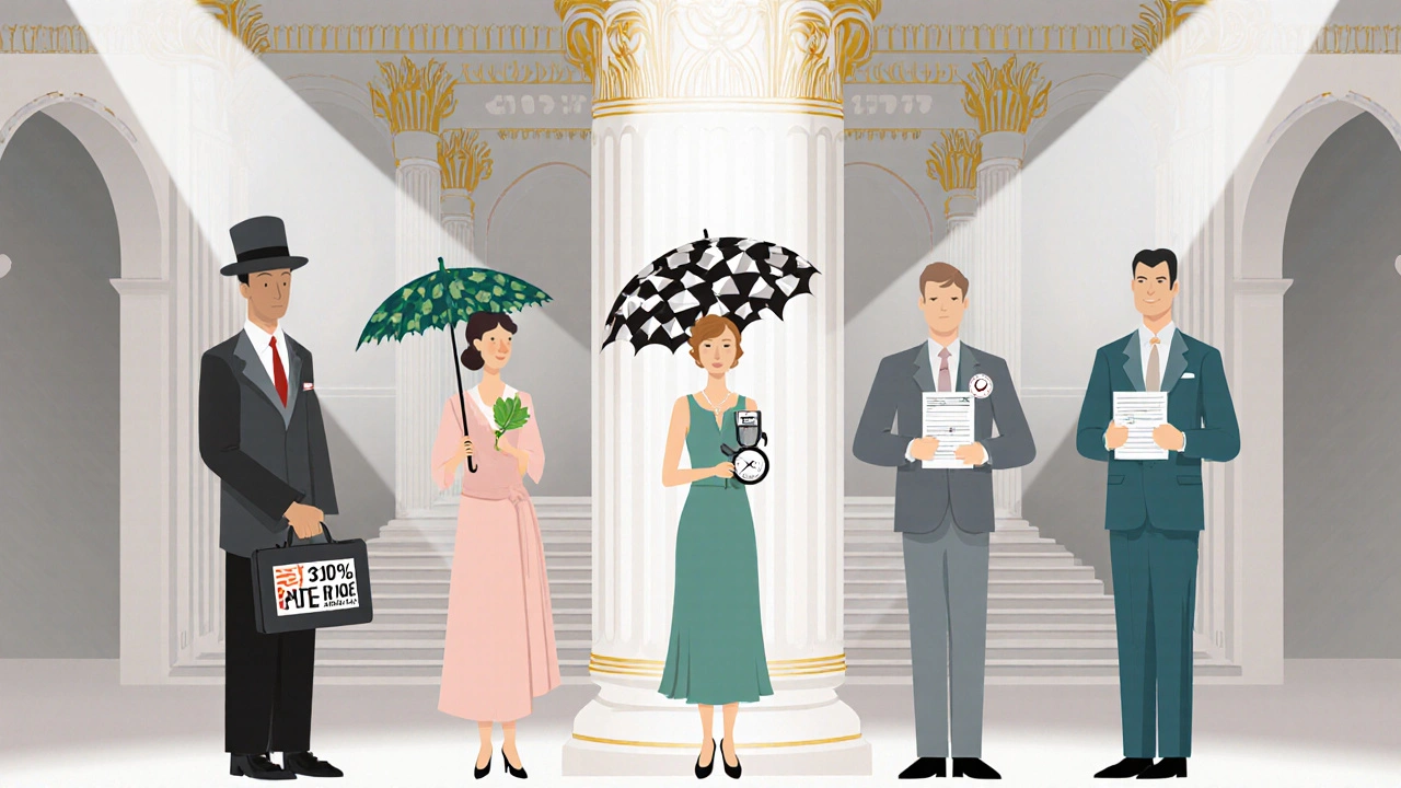 Art deco characters representing Bupropion alternatives with quit rates and side effects.