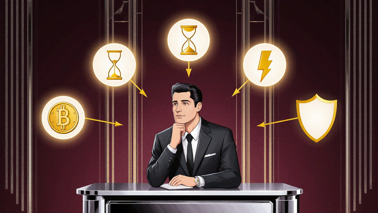 Art Deco decision matrix with icons for cost, duration, onset, and brand trust around a thoughtful man.