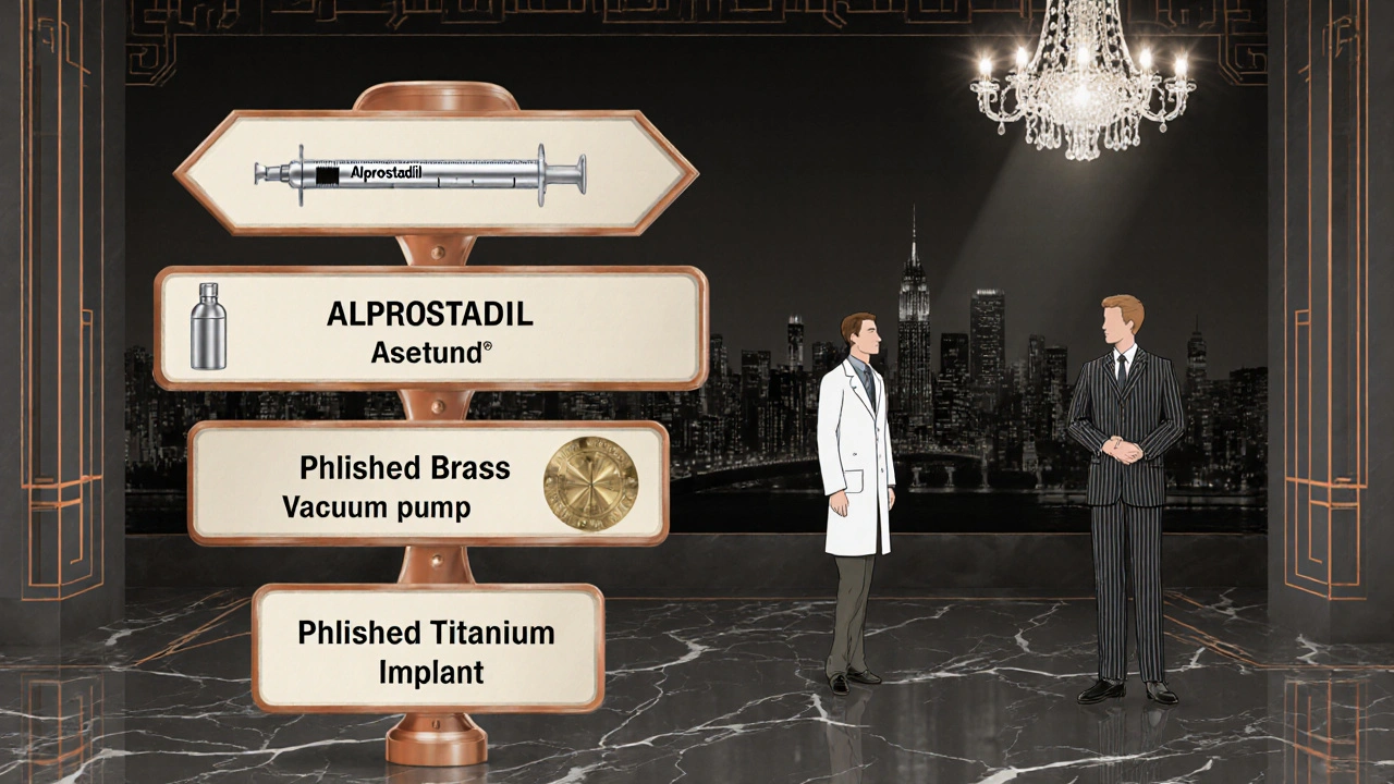 Art Deco decision tree with icons for alprostadil injection, vacuum pump, and penile implant guided by a doctor.