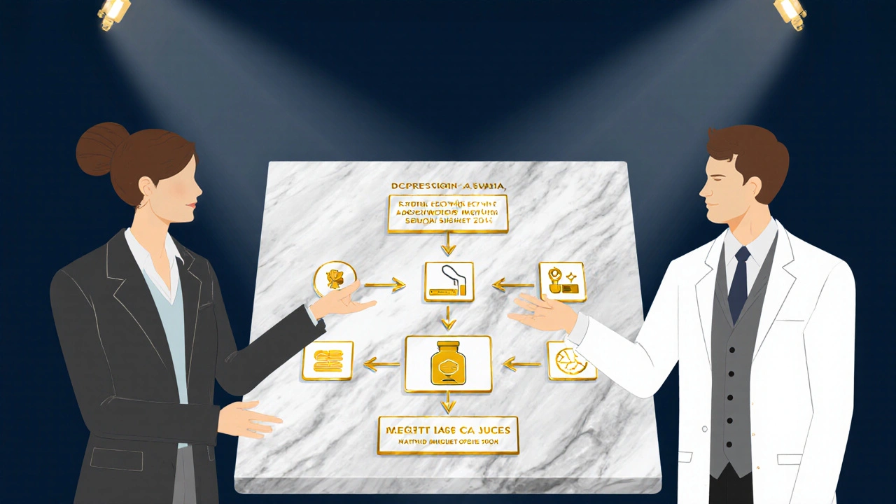 Art deco flowchart with patient and doctor discussing treatment choices.