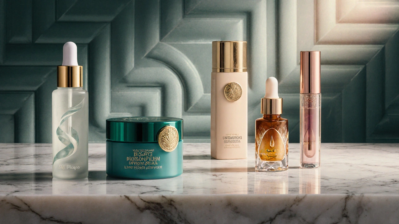 Art Deco illustration of assorted skincare products—serums, creams, retinol—arranged on a marble surface.