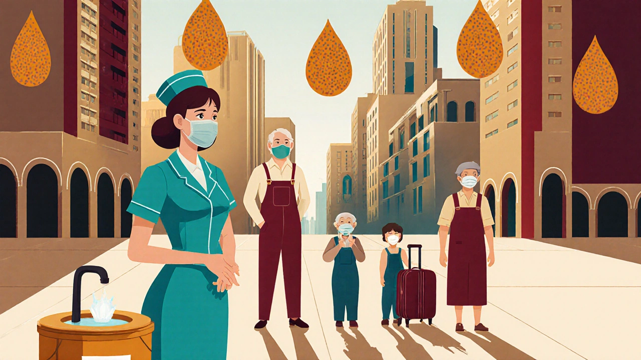 Art Deco illustration of elderly, child, farmer, and traveler wearing masks and washing hands.