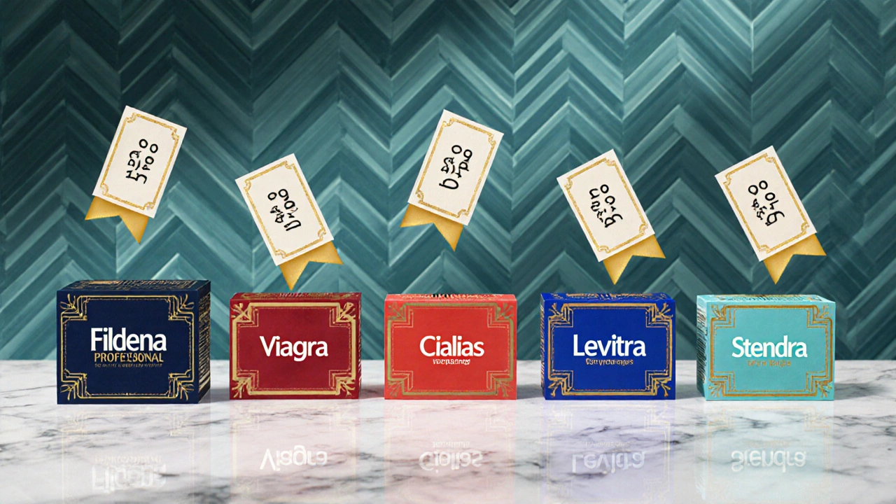 Art Deco scene displaying a lineup of five ED pills with floating price tags on a marble surface.