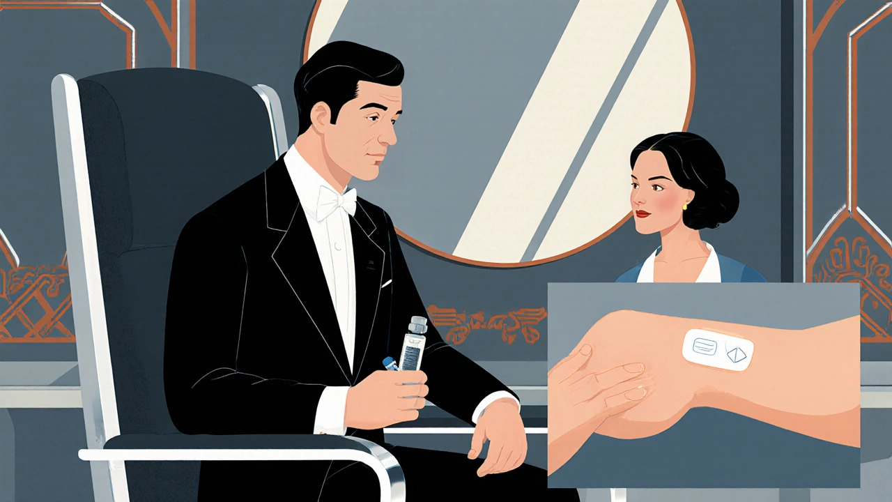 Art Deco style scene of a dermatologist consulting a patient, showing a syringe and patch test.