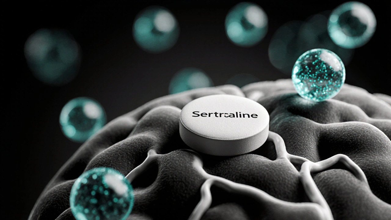 Brain cross‑section with teal serotonin molecules and a white sertraline pill.