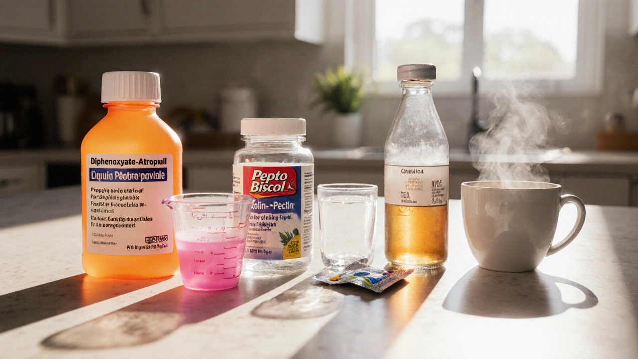 Countertop displaying various diarrhea treatments: pills, liquid, powder, probiotics, ORS, tea.