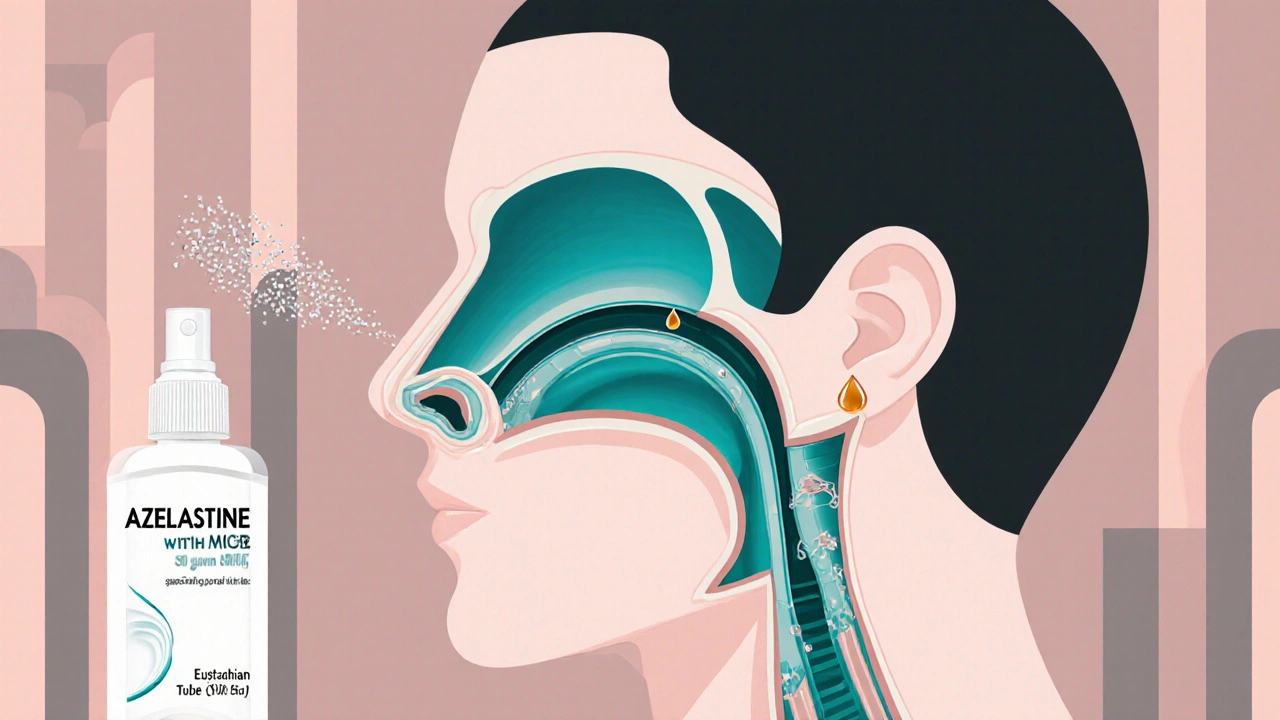 Cross‑section of head with nasal passage, Eustachian tube, and spray mist.