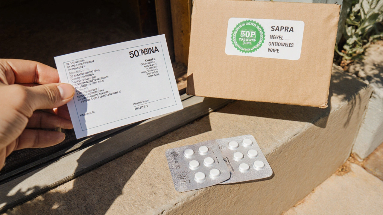 Delivery box on a Durban doorstep open to reveal blister pack of tablets and an invoice.