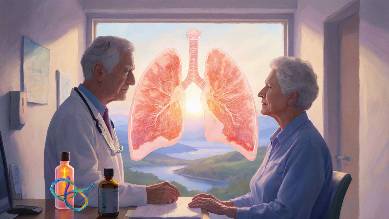 Doctor and patient discussing treatment beside sunrise, with healthy lung overlay and glowing medication bottles.