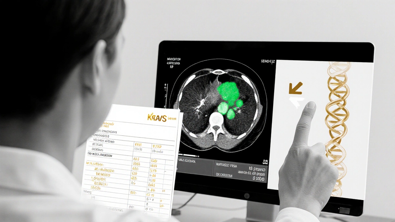 Doctor reviewing CT scan and genetic markers after fluorouracil treatment.