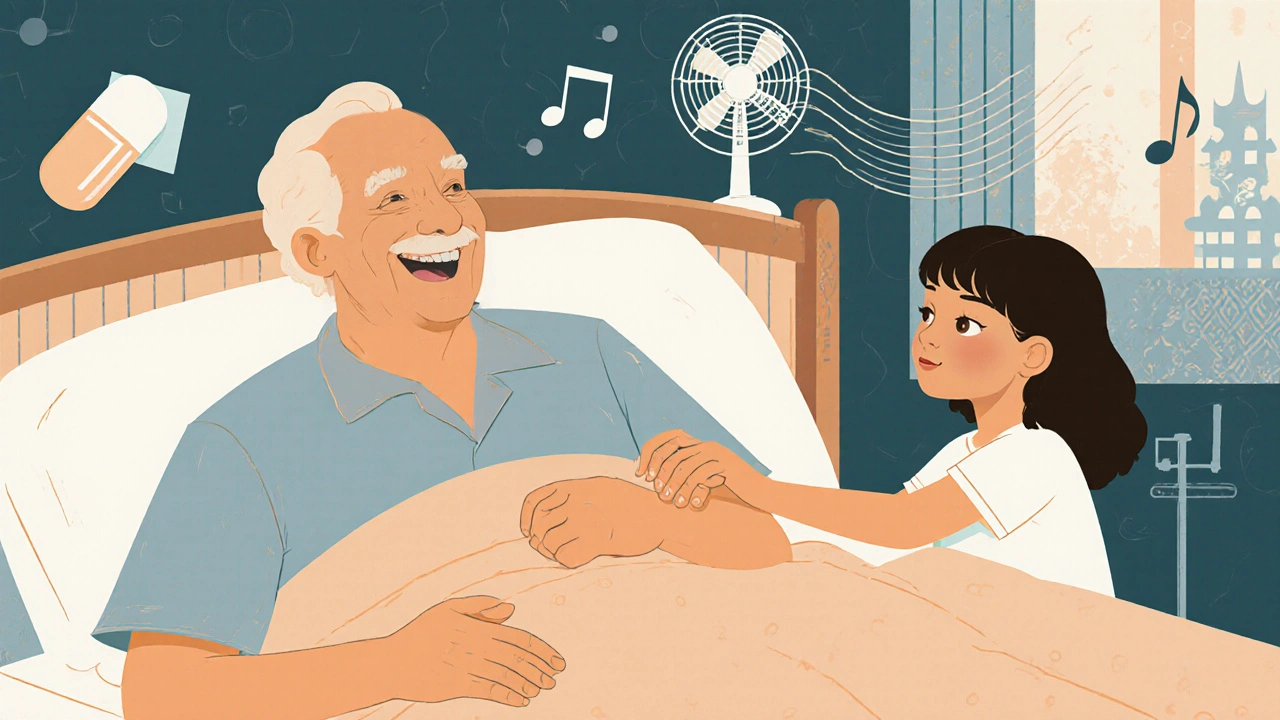 Elderly man holding grandchild’s hand, cool cloth and fan nearby, medical symbols fading into decorative patterns.