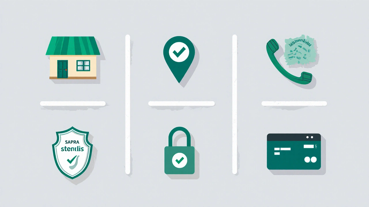 Flat illustration showing icons for address, phone, SAPRA registration, HTTPS, and secure payment.