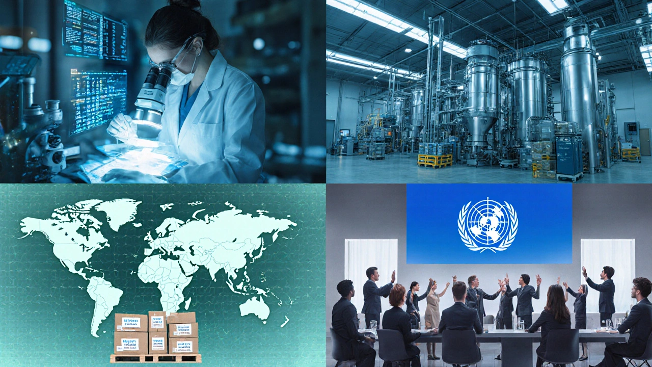 Four panels showing lab surveillance, mRNA vaccine line, antiviral stockpile, and international meeting.