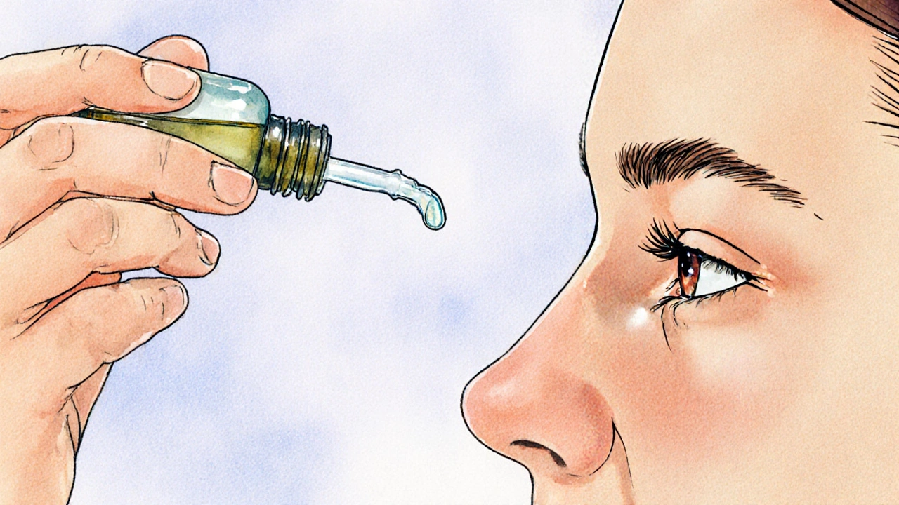 Hand pulling down lower eyelid as a drop bottle hovers above the eye.
