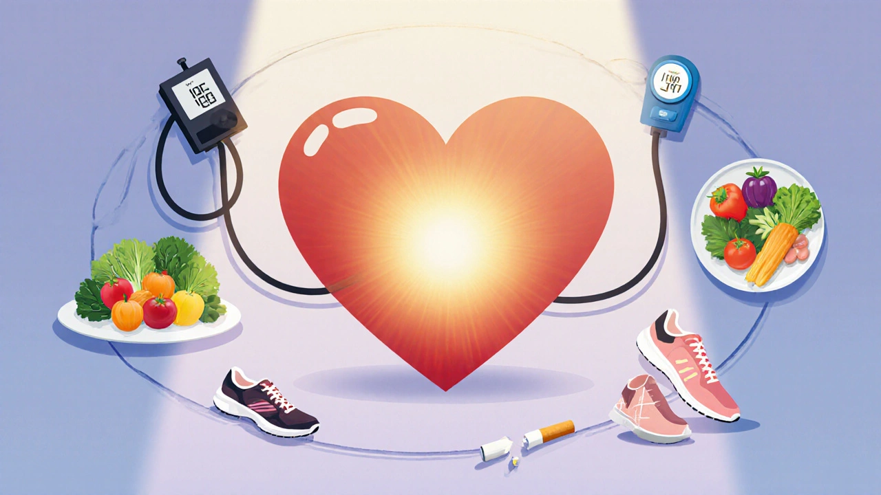 Heart silhouette surrounded by symbols of healthy habits like blood pressure cuff, glucose meter, and vegetables.