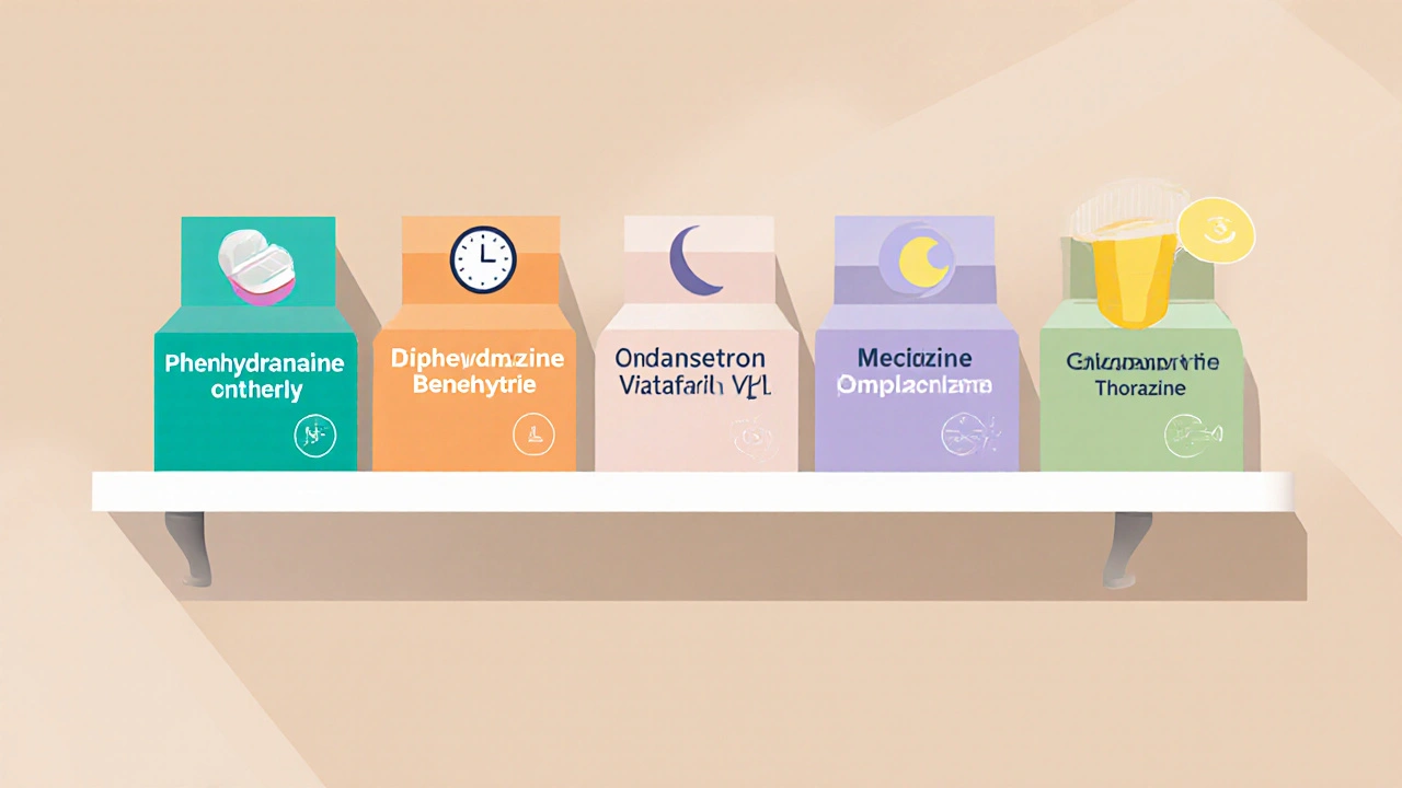 Illustrated pharmacy shelf showing six medication boxes with icons for onset, sedation, and pregnancy safety.