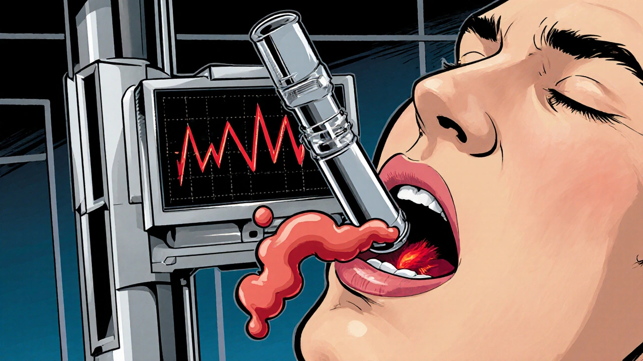 Intubation tube struggling in an inflamed airway with a heart monitor showing blood pressure spikes.