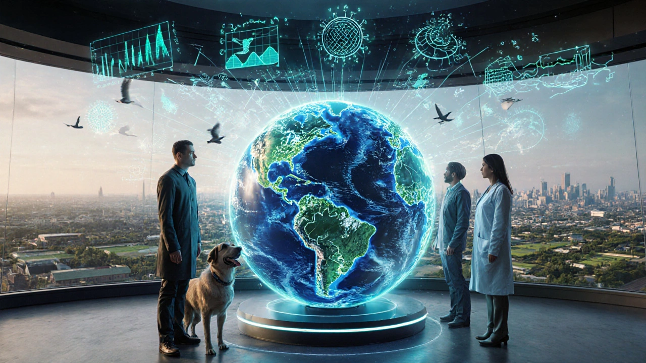 One‑Health team around a holographic globe with AI data predicting flu outbreaks.