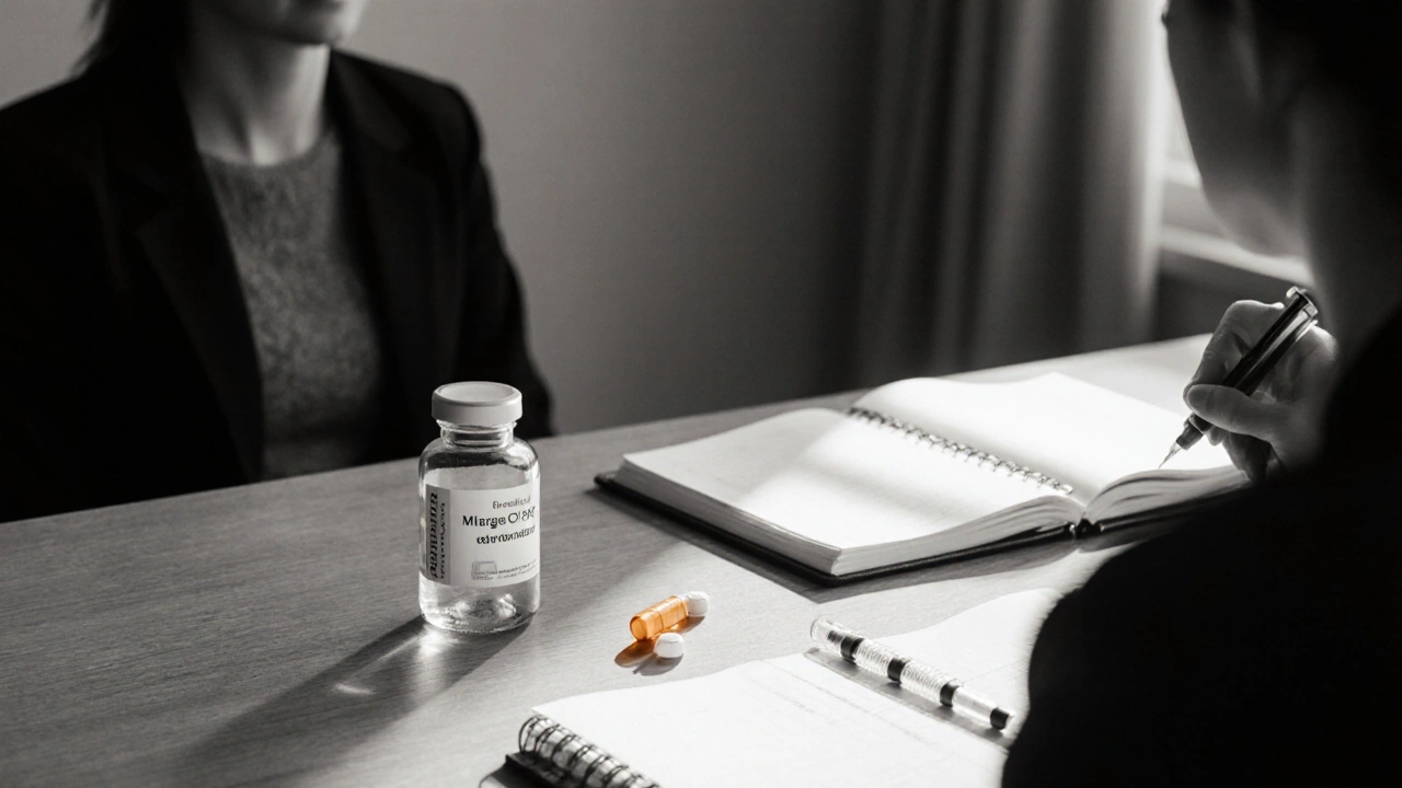 Patient and doctor with sertraline bottle, CGRP pen, and migraine diary on desk.