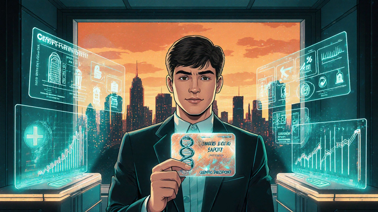Patient holds a glowing genetic passport with holographic health charts in a retro‑futuristic clinic.