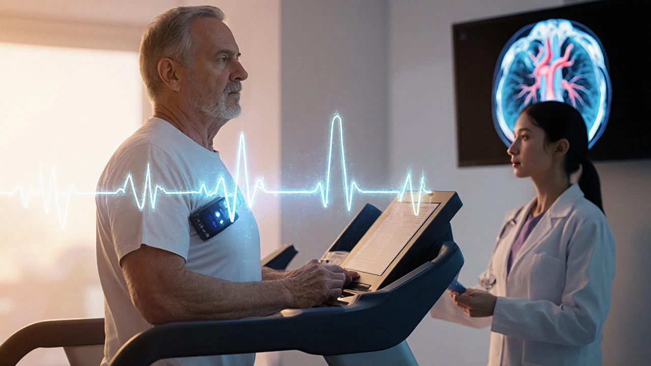 Patient on treadmill with glowing ECG trace and doctor reviewing cardiac CT scan on screen.