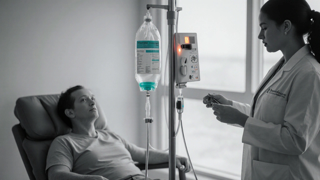 Patient receiving a fluorouracil infusion, nurse checking IV pump.