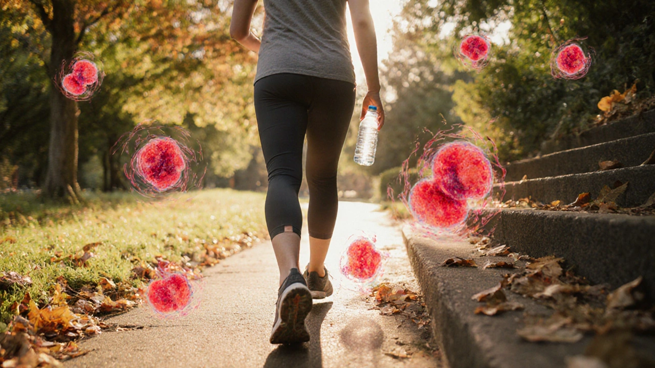 Patient walking in a sunny park with floating red blood cells symbolizing improved health.