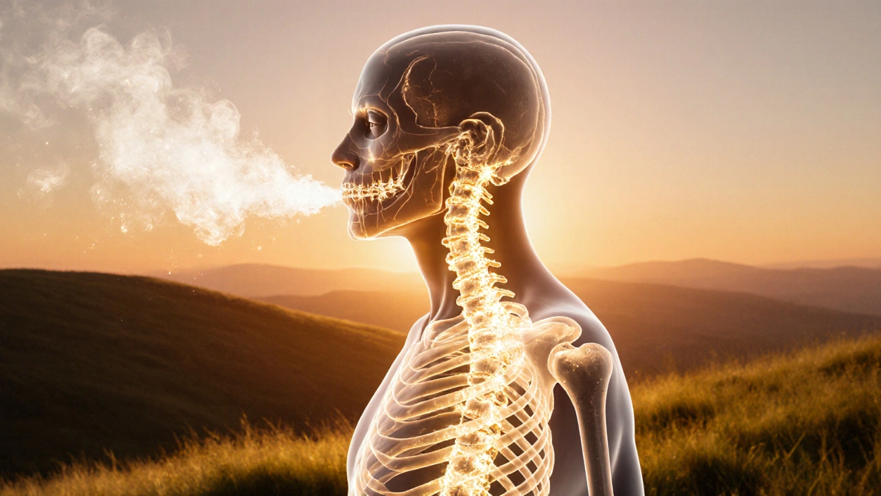 Person at sunrise exhaling smoke that turns into glowing calcium crystals around bones.