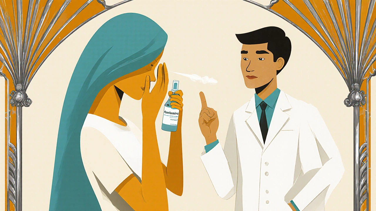 Person using azelastine correctly with doctor figure in art deco style.