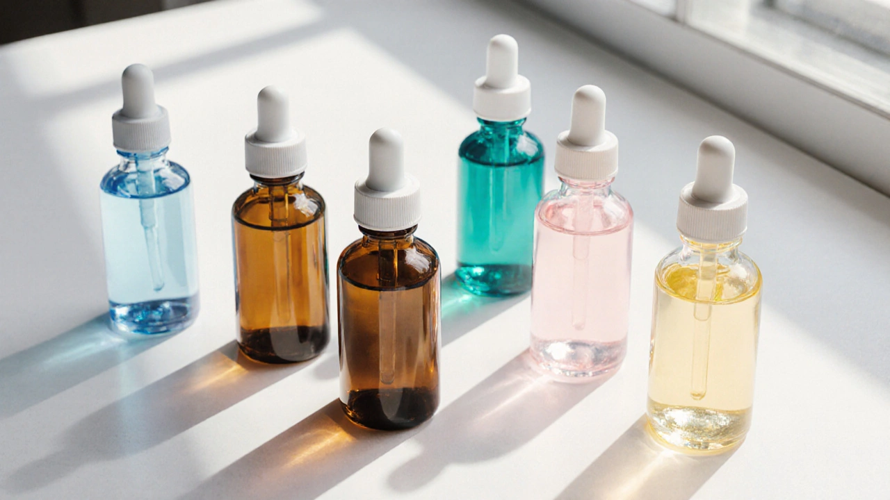 Six different eye drop bottles arranged on a white surface.