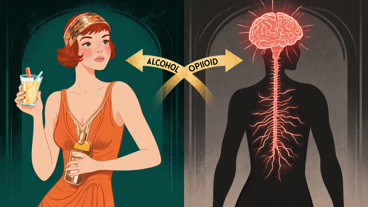 Split-image of a woman fading into a ghostly form as alcohol and opioids disrupt her breathing pattern in stylized Art Deco design.