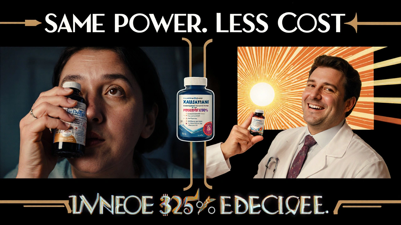 Split-panel Art Deco ad showing patient’s vision improvement after switching to generic glaucoma drops.