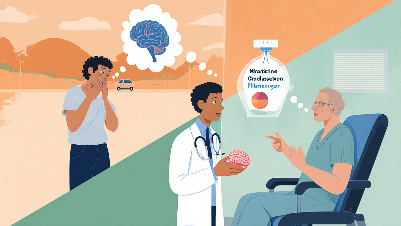 Split scene of a road‑trip patient with Meclizine thought bubble and a chemo patient with Ondansetron IV, centered doctor offering Phenergan.
