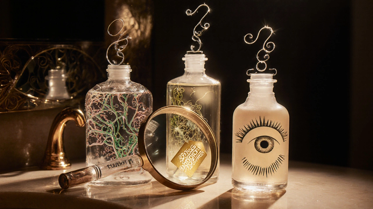 Three elegant eye drop bottles on a nightstand with magnifying glass revealing eye fluid pathways and price tags.
