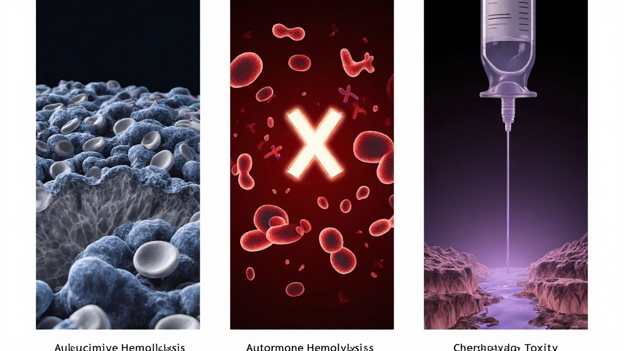 Three-panel illustration of bone marrow infiltration, autoimmune hemolysis, and chemo toxicity causing anemia.