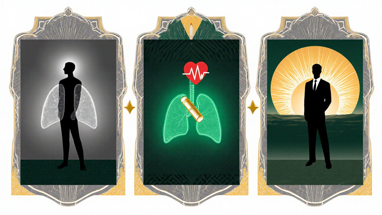Three sequential figures showing a smoker improving health over weeks before surgery.