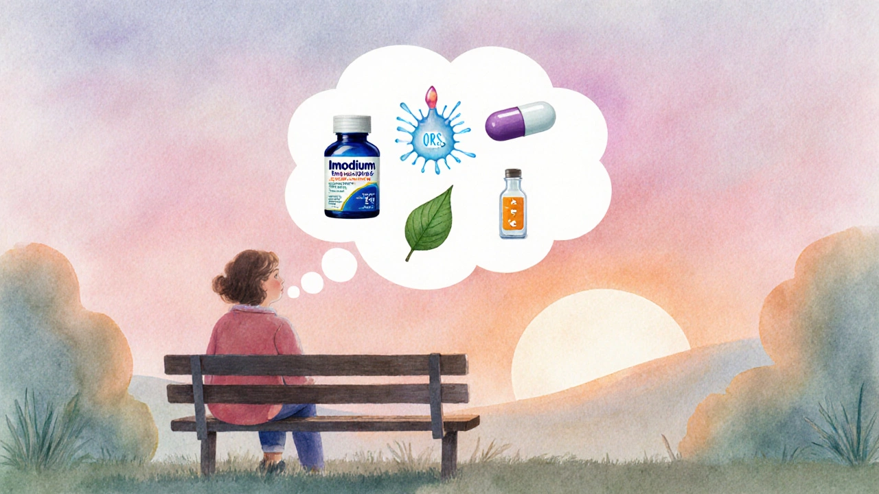 Traveler with thought bubble showing icons of different anti‑diarrheal options.