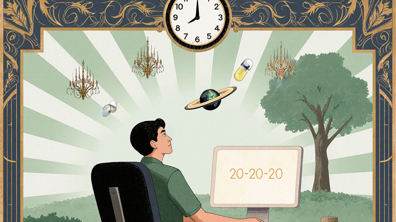 A person looking away from a screen, with punctal plugs and omega-3 capsules floating nearby in Art Deco style.