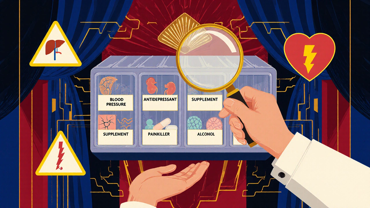 A pharmacist handing a magnifying glass to a patient over a five-compartment pill organizer with glowing warning signs.