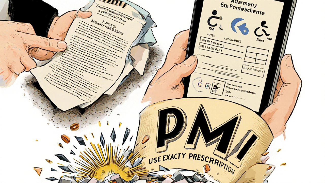 A pharmacist hands a printed PMI to an elderly patient while a digital version displays accessibility icons.