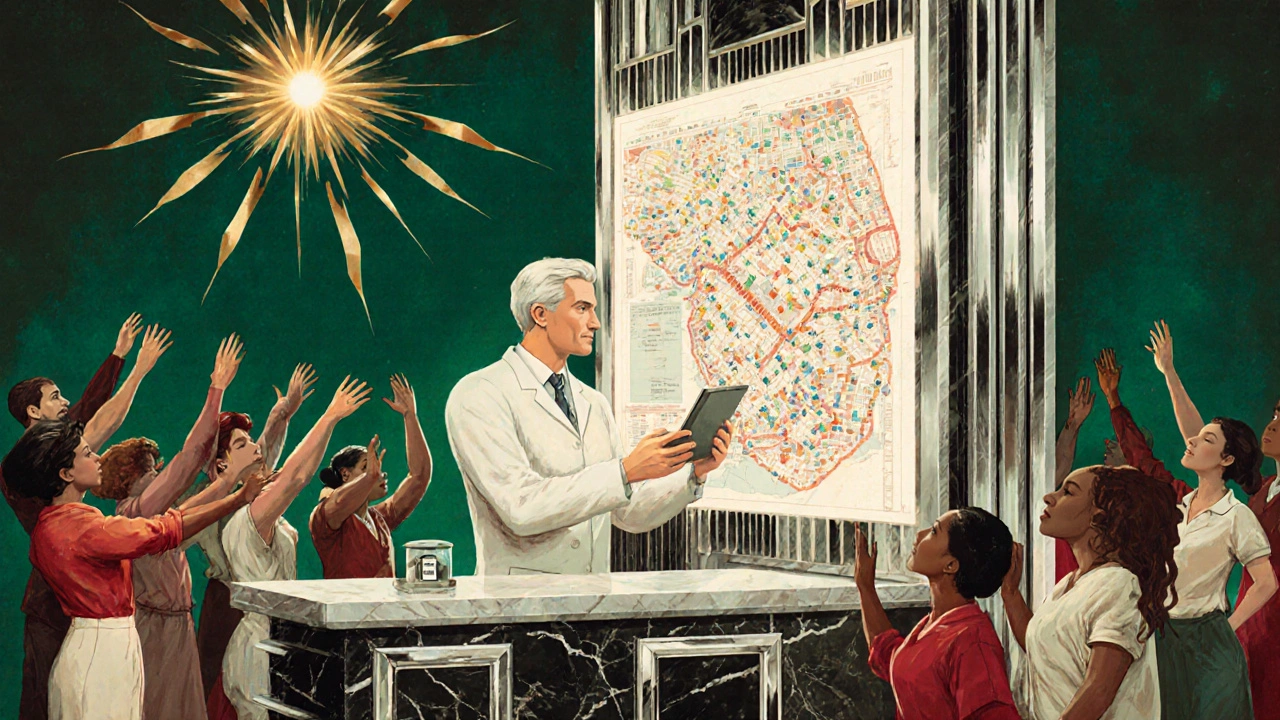 A pharmacist holding a tablet projecting a full medication map, with patients reaching toward the light.