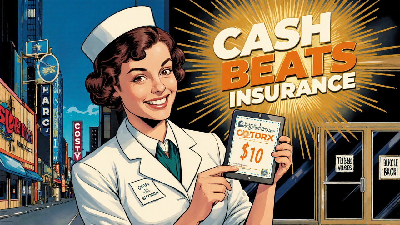 A pharmacist offers a low cash price next to a vibrant urban pharmacy, while a rural pharmacy sits dark and empty.