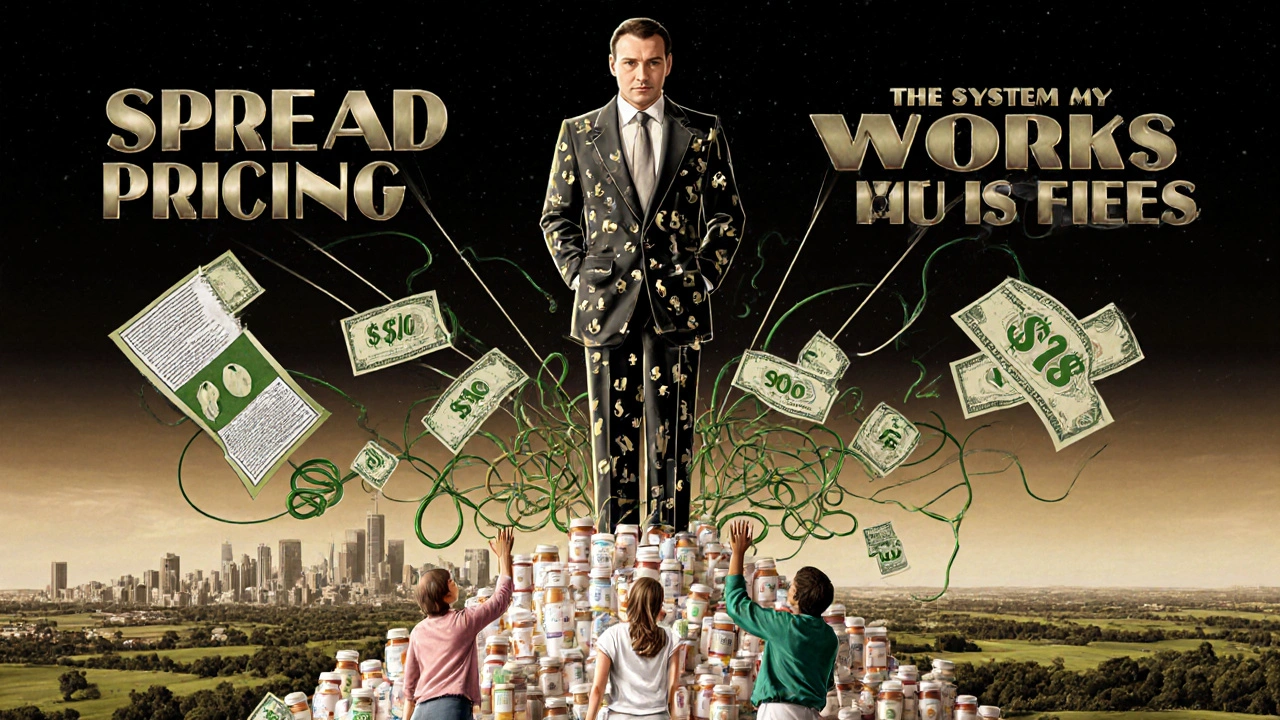 A towering figure made of contracts and dollar signs towers over patients reaching for floating price tags.