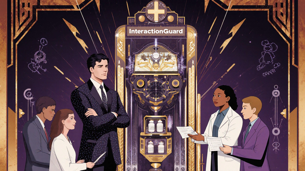 Art Deco pharmacist beside a futuristic interaction-checking machine, patients handing in medication lists.