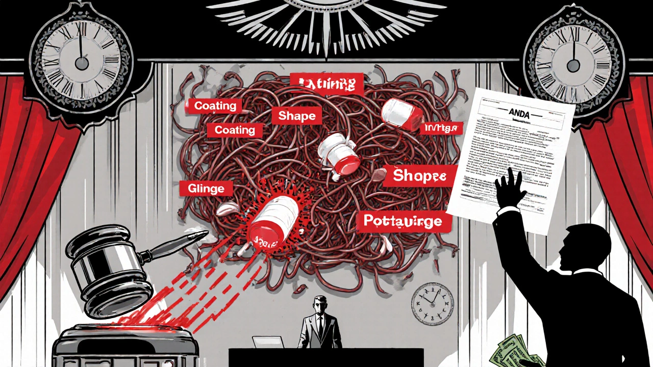 Courtroom scene with a patent thicket being struck down by a pill-shaped gavel, symbolizing legal barriers to generics.