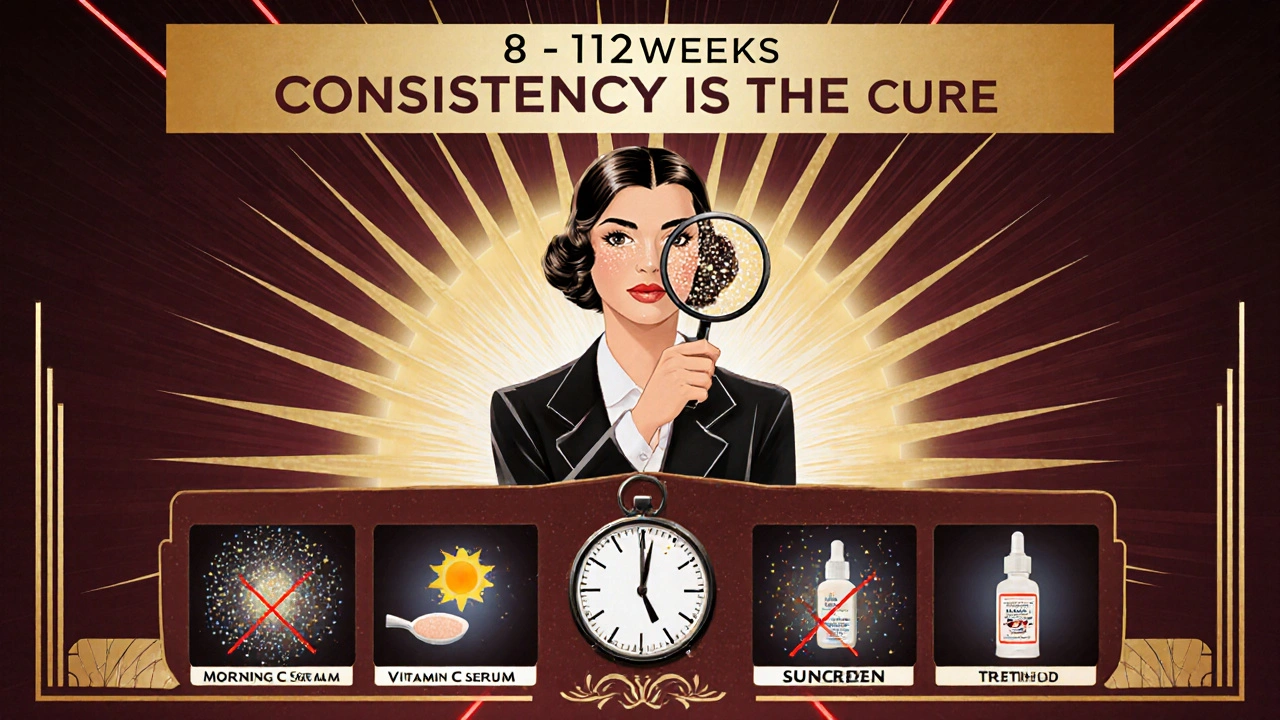 Dermatologist reveals melanocytes under magnifying glass with daily treatment routine in Art Deco style.