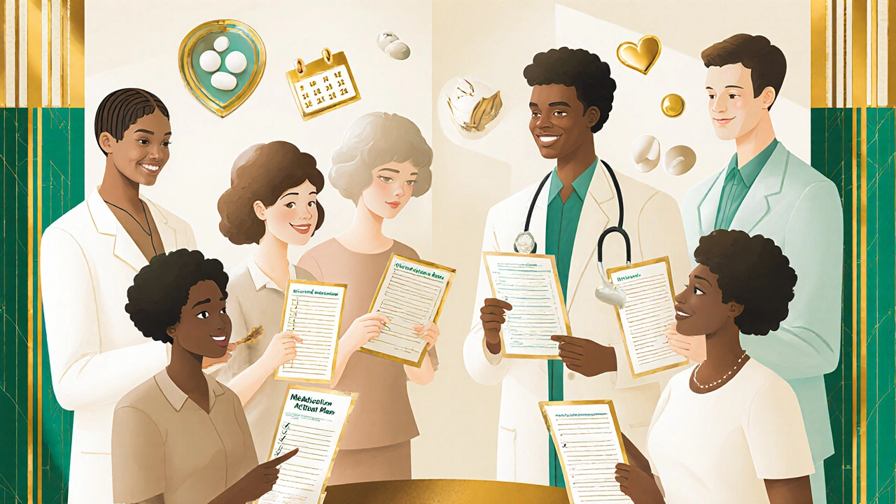 Diverse group of people and providers interacting around clear medication action plans in a bright clinic.